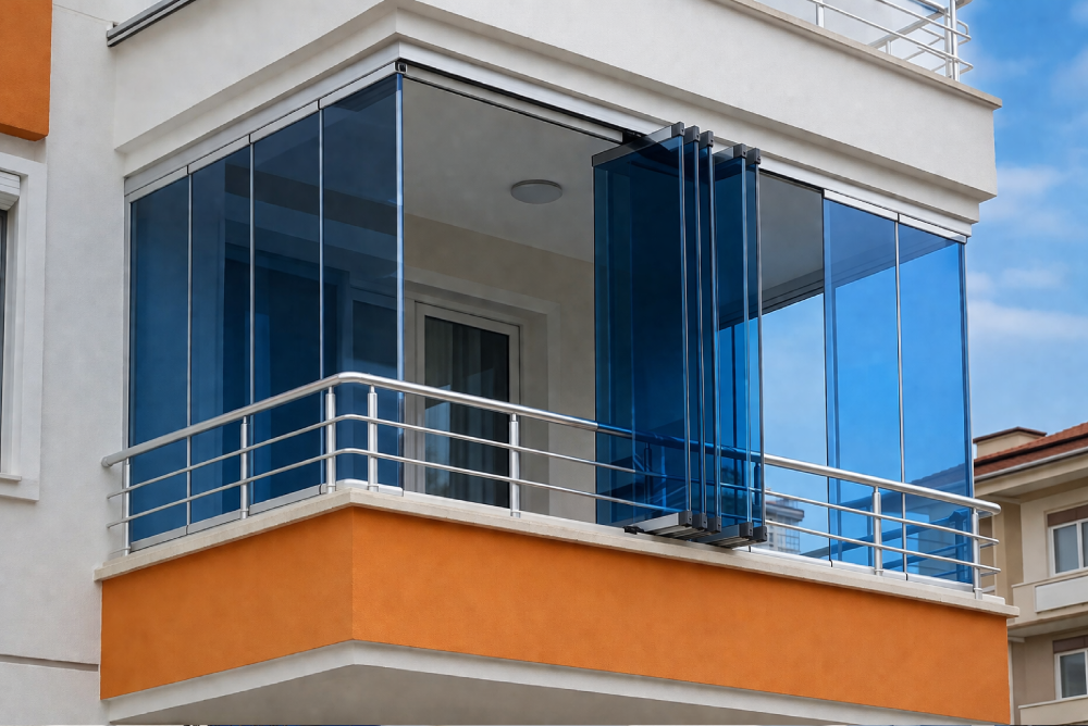 Mavi katlanır cam balkon modeli